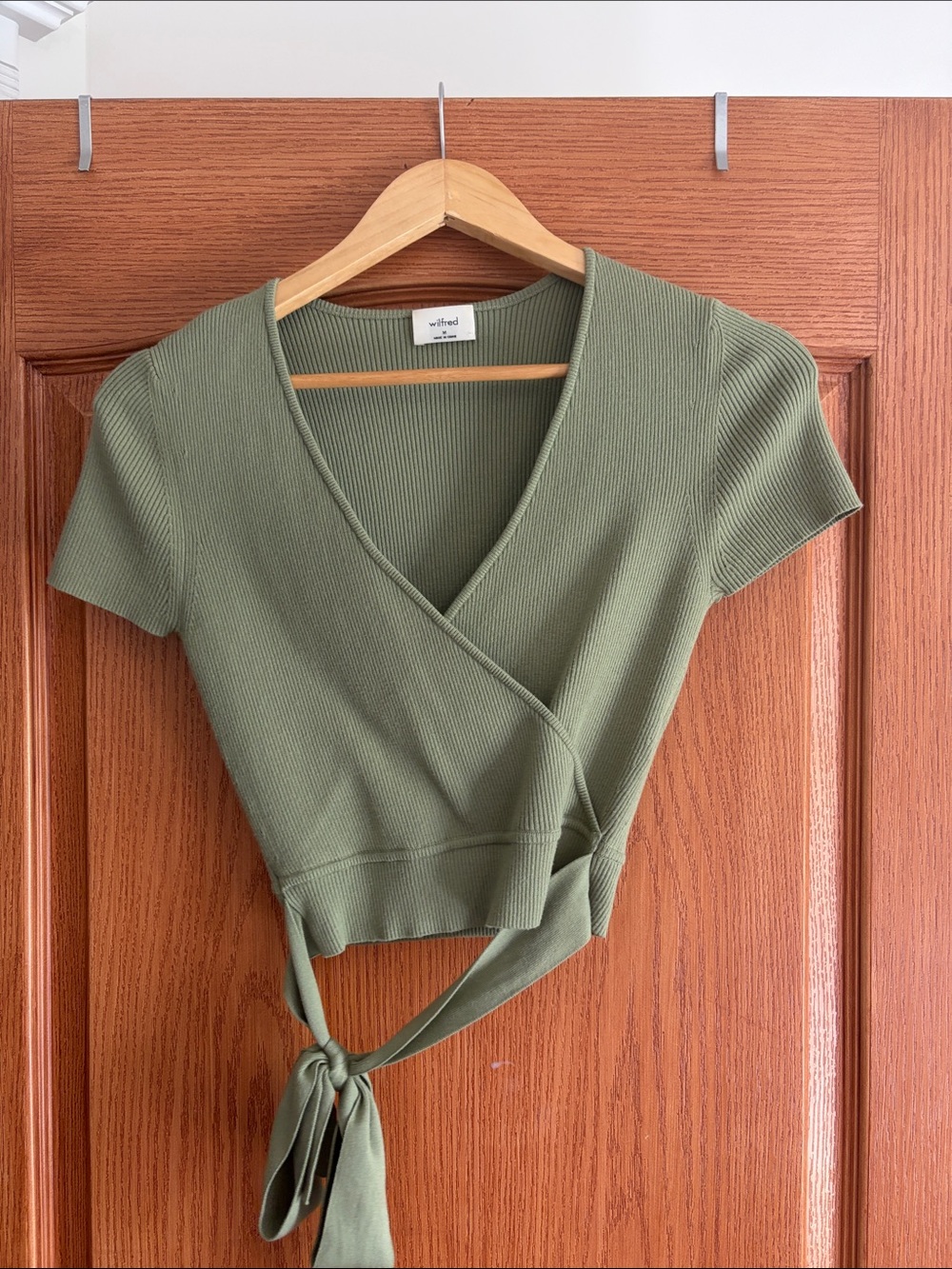Wilfred Olive Ribbed Wrap Crop Top with Tie Waist